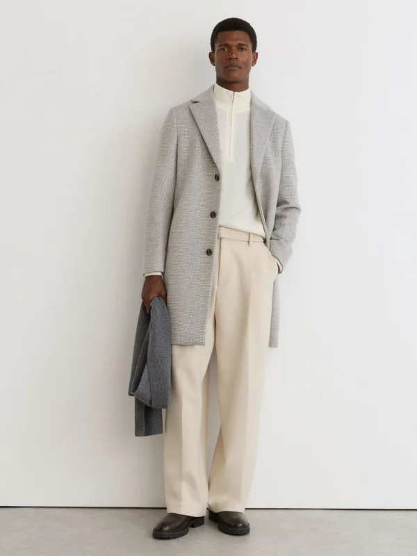 Reiss Soft Grey Wool-blend Puppytooth Single-breasted Overcoat