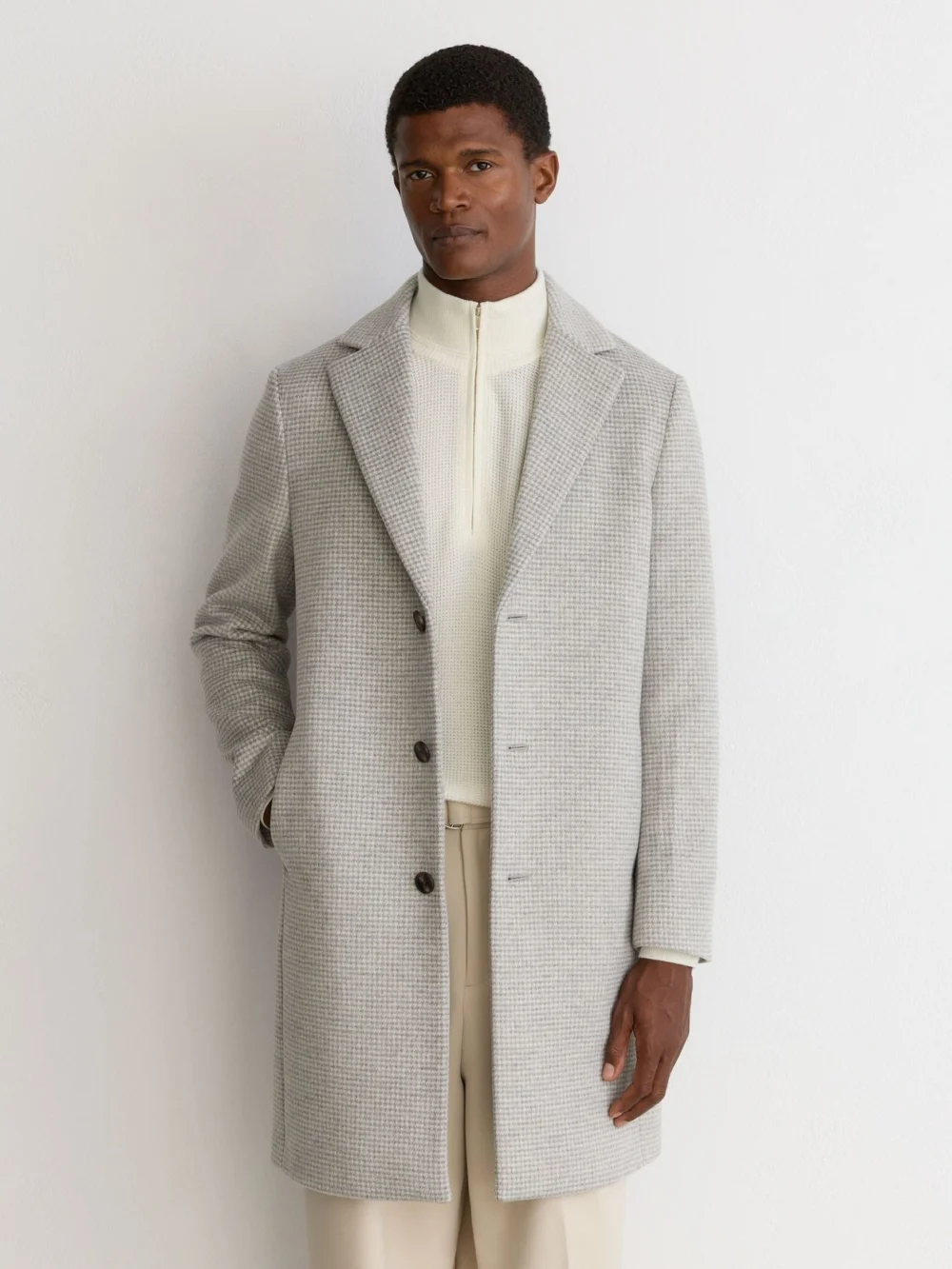 Reiss Soft Grey Wool-blend Puppytooth Single-breasted Overcoat, view 3