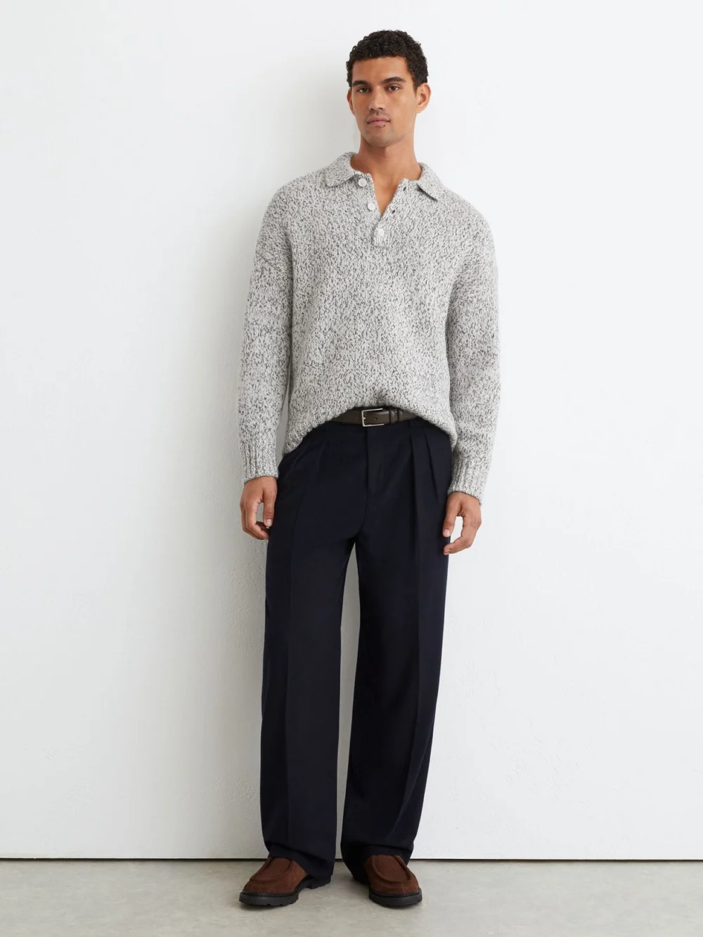 Reiss Soft Grey Wool-blend Speckled-knit Half-button Jumper, view 3