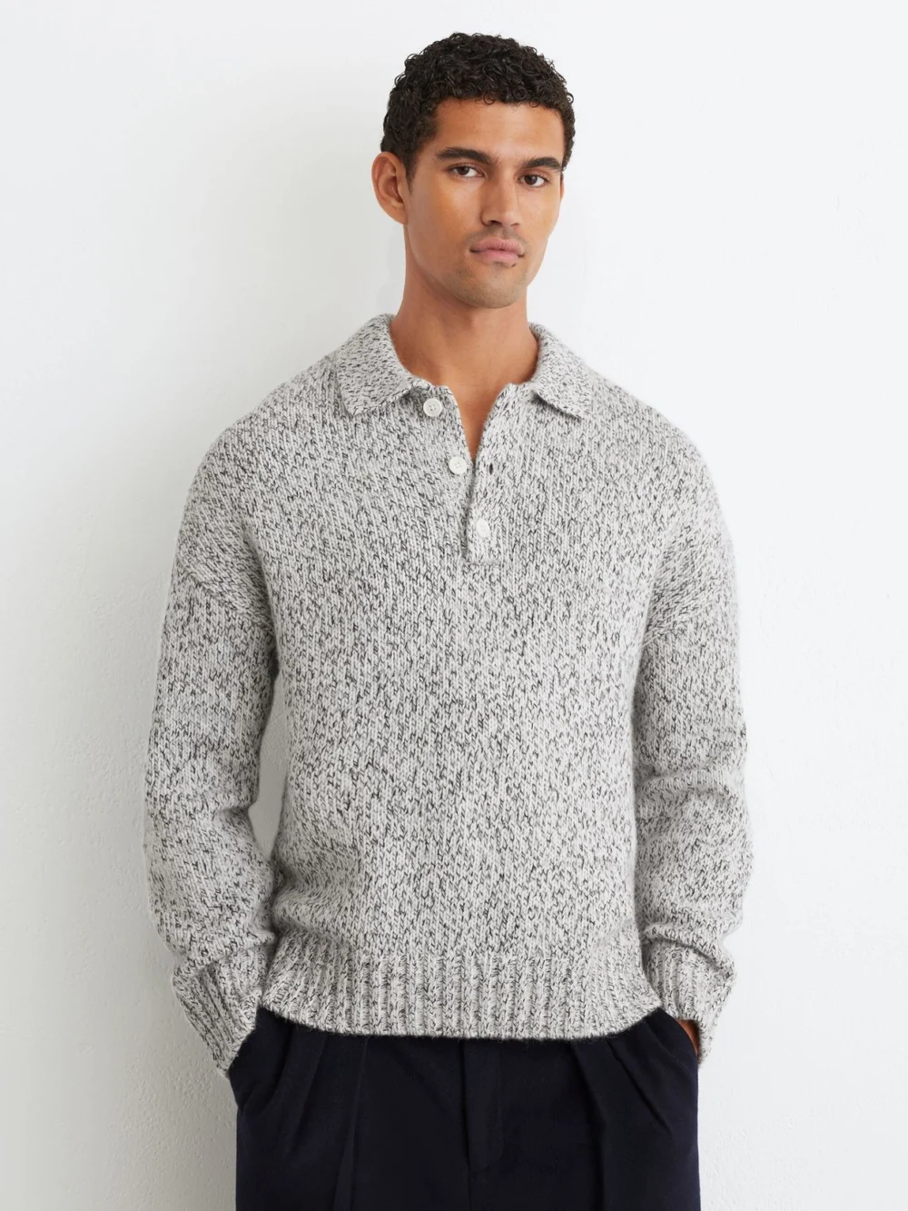 Reiss Soft Grey Wool-blend Speckled-knit Half-button Jumper, view 4
