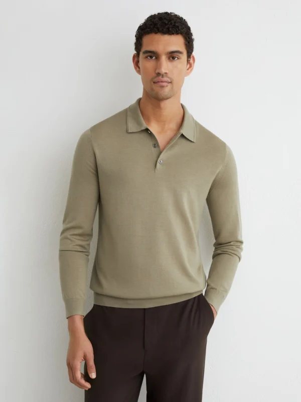 Reiss Soft Olive Green Merino Wool Long-sleeve Polo Shirt