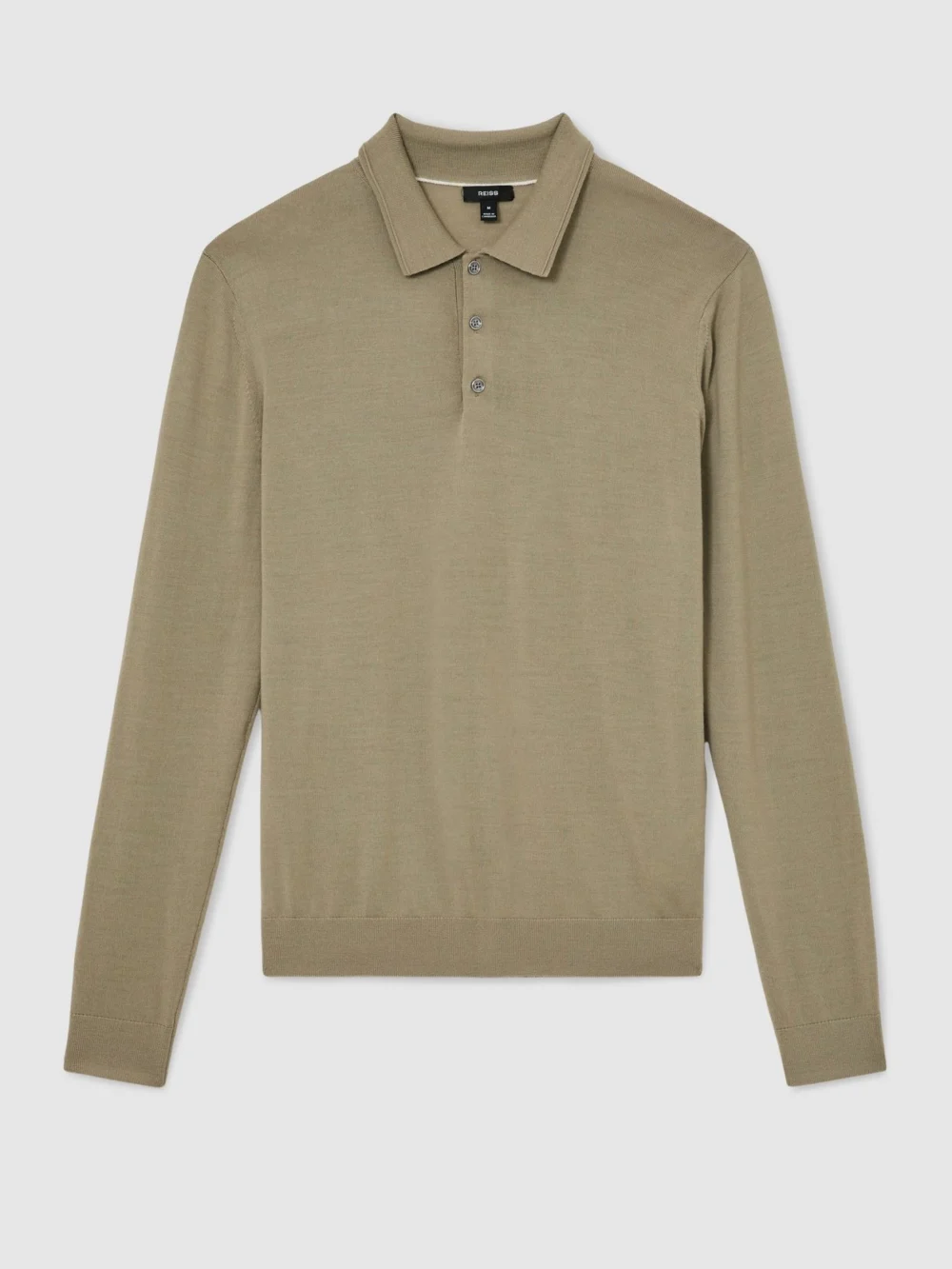 Reiss Soft Olive Green Merino Wool Long-sleeve Polo Shirt, view 2