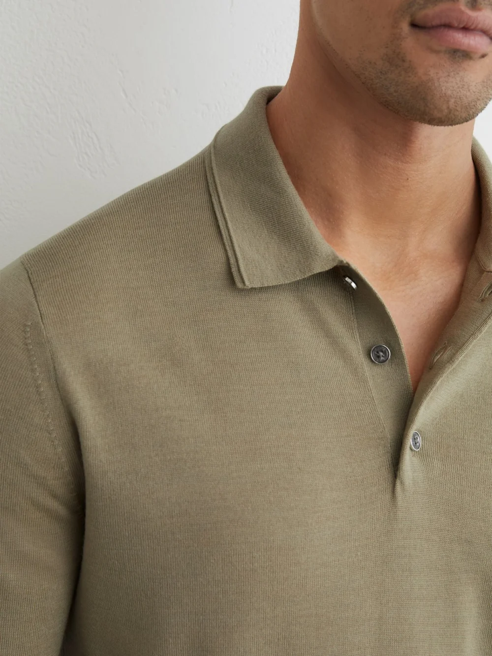 Reiss Soft Olive Green Merino Wool Long-sleeve Polo Shirt, view 3