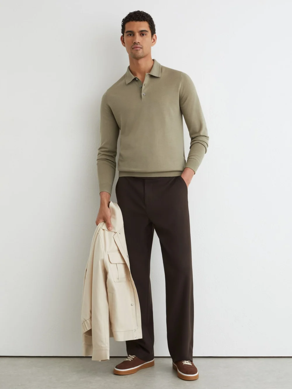 Reiss Soft Olive Green Merino Wool Long-sleeve Polo Shirt, view 4