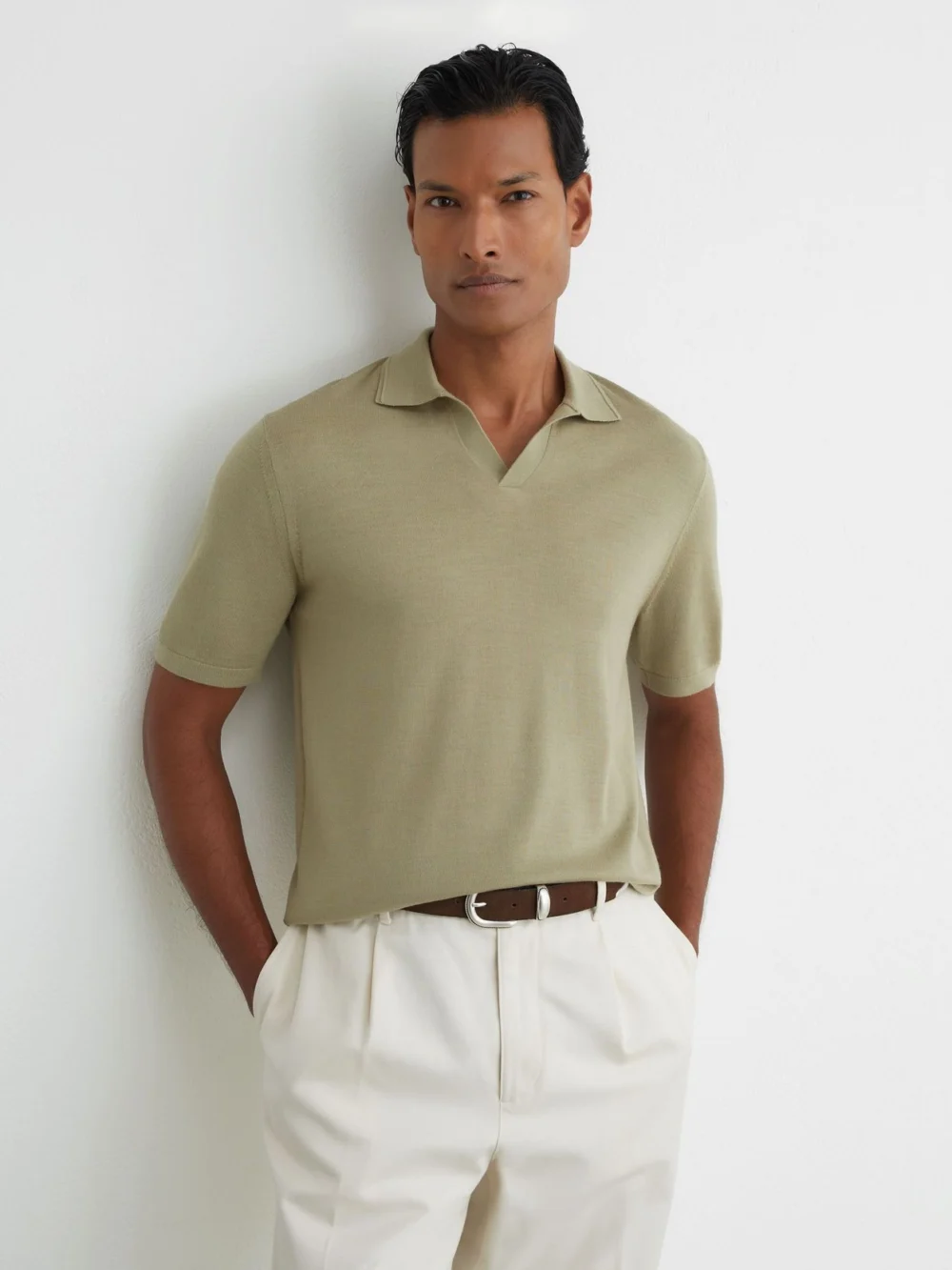 Reiss Soft Olive Green Merino Wool Open-collar Polo Shirt