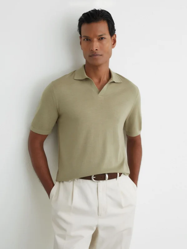 Reiss Soft Olive Green Merino Wool Open-collar Polo Shirt