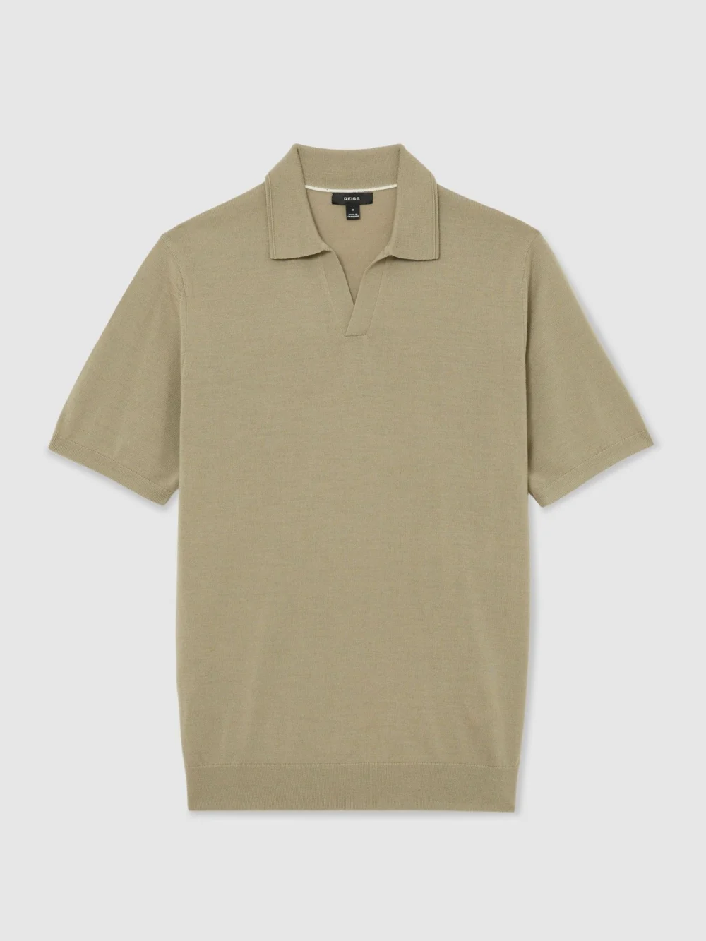Reiss Soft Olive Green Merino Wool Open-collar Polo Shirt, view 2
