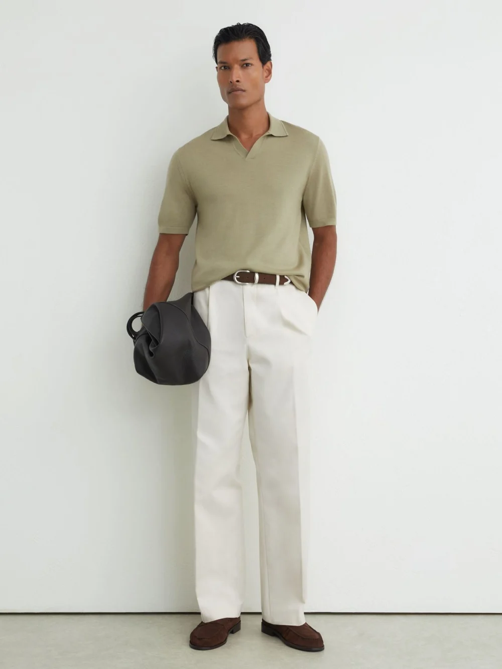 Reiss Soft Olive Green Merino Wool Open-collar Polo Shirt, view 3