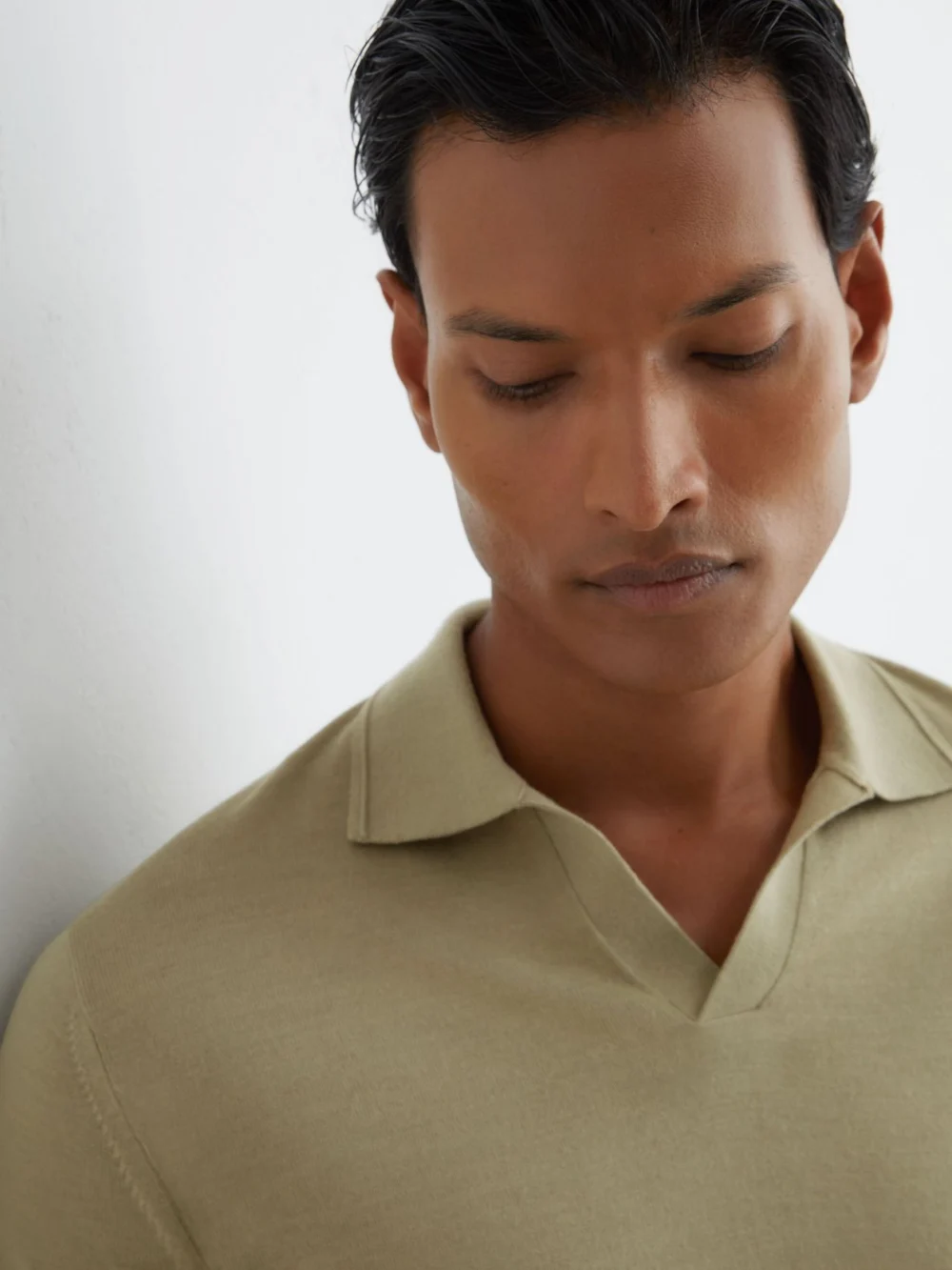 Reiss Soft Olive Green Merino Wool Open-collar Polo Shirt, view 4