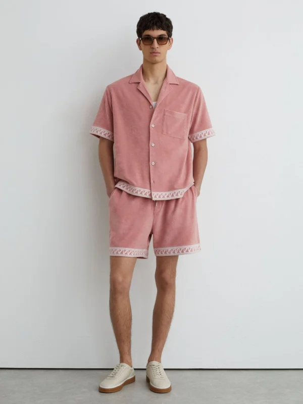 Reiss Soft Pink Cotton-blend Towelling Embroidered Shirt