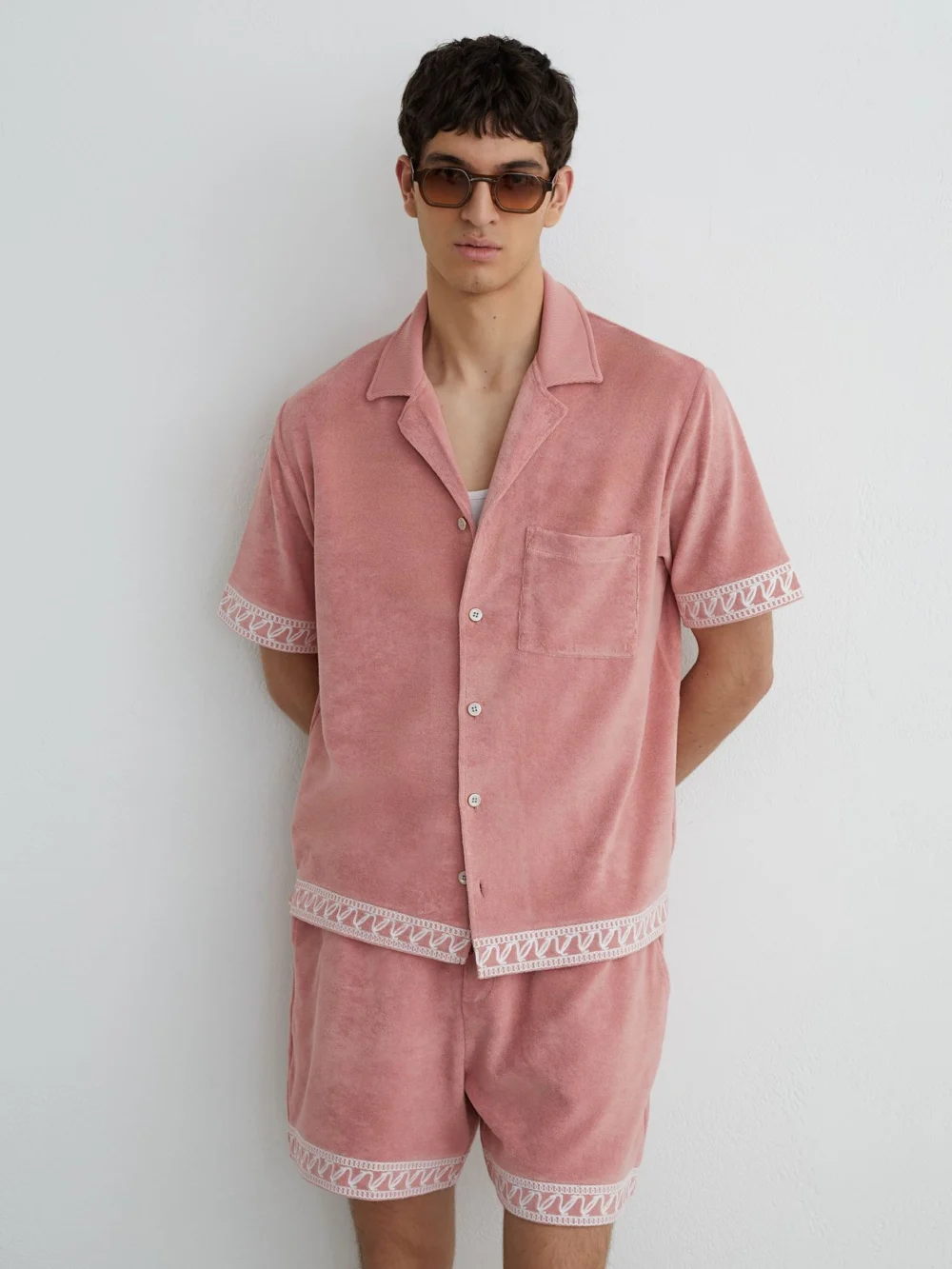 Reiss Soft Pink Cotton-blend Towelling Embroidered Shirt, view 3