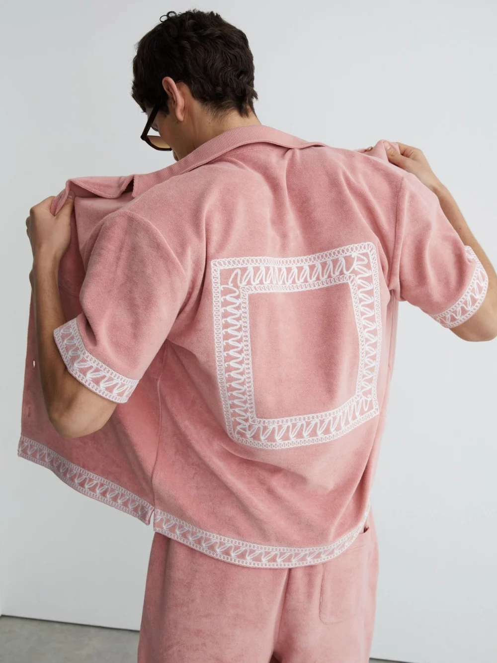 Reiss Soft Pink Cotton-blend Towelling Embroidered Shirt, view 4