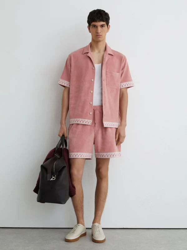 Reiss Soft Pink Cotton-blend Towelling Embroidered Shorts