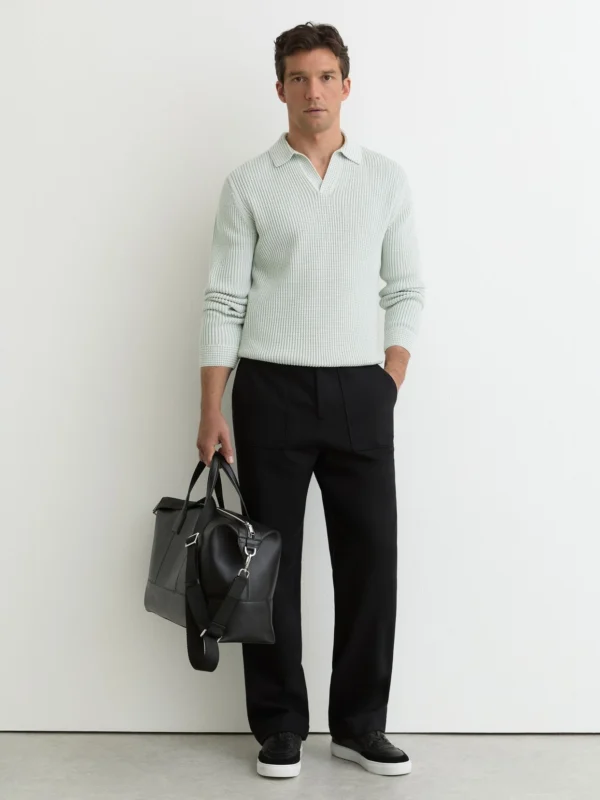 Reiss Soft Sage & White Cotton-blend Textured-knit Polo Jumper
