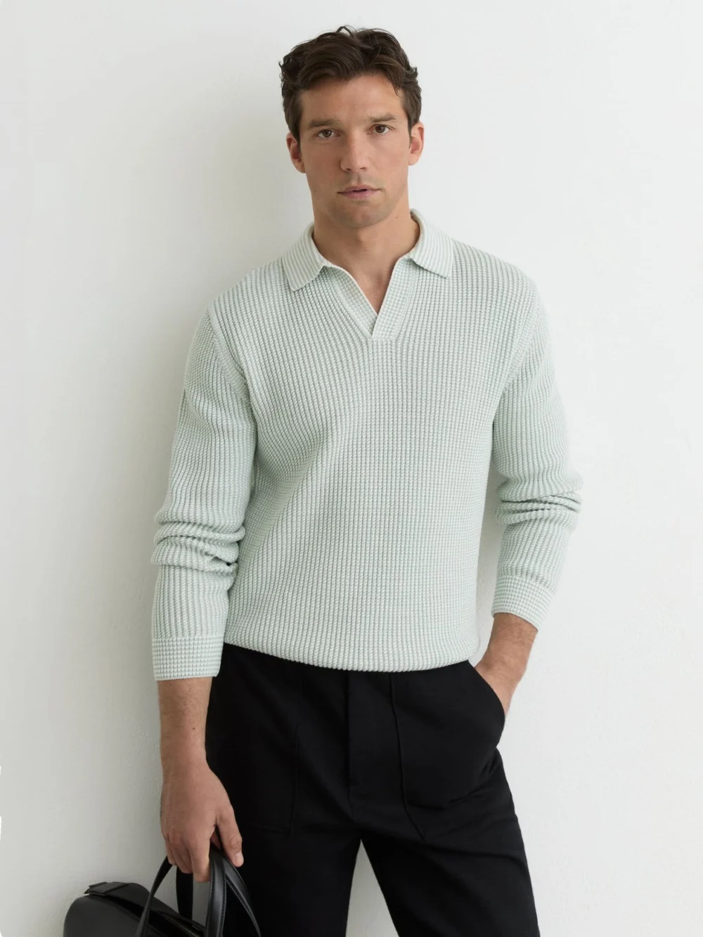 Reiss Soft Sage & White Cotton-blend Textured-knit Polo Jumper, view 3