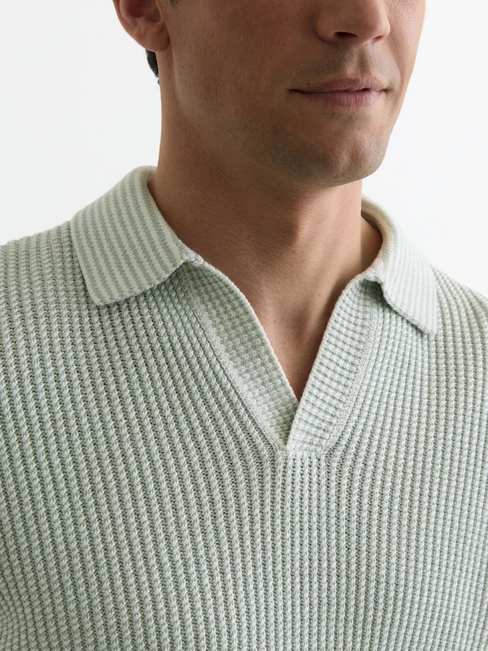Reiss Soft Sage & White Cotton-blend Textured-knit Polo Jumper, view 4