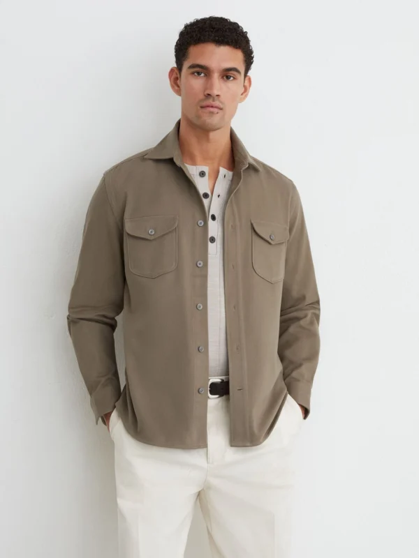 Reiss Soft Sage Cotton-twill Twin-pocket Regular-fit Shirt