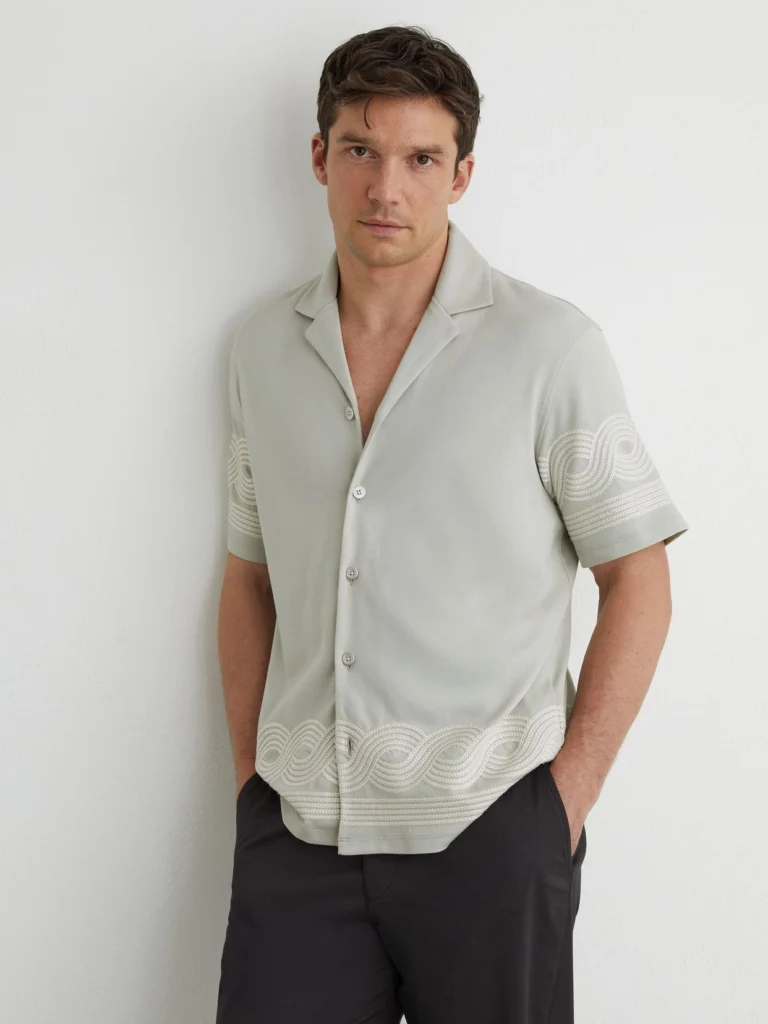 Reiss Soft Sage Green Cotton-blend Embroidered Cuban-collar Shirt