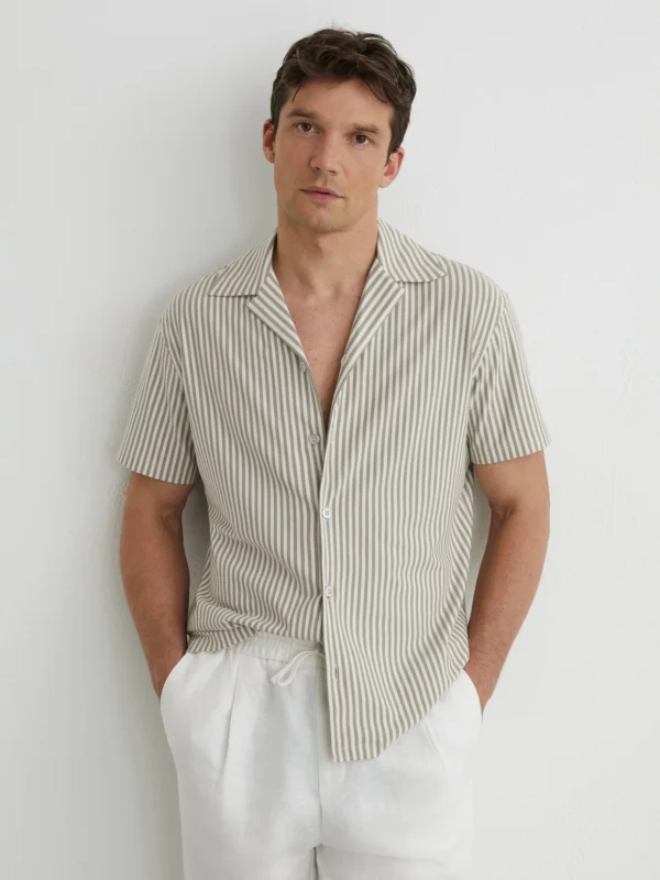 Reiss Soft Sage Green Cotton-blend Stripe Cuban-collar Shirt