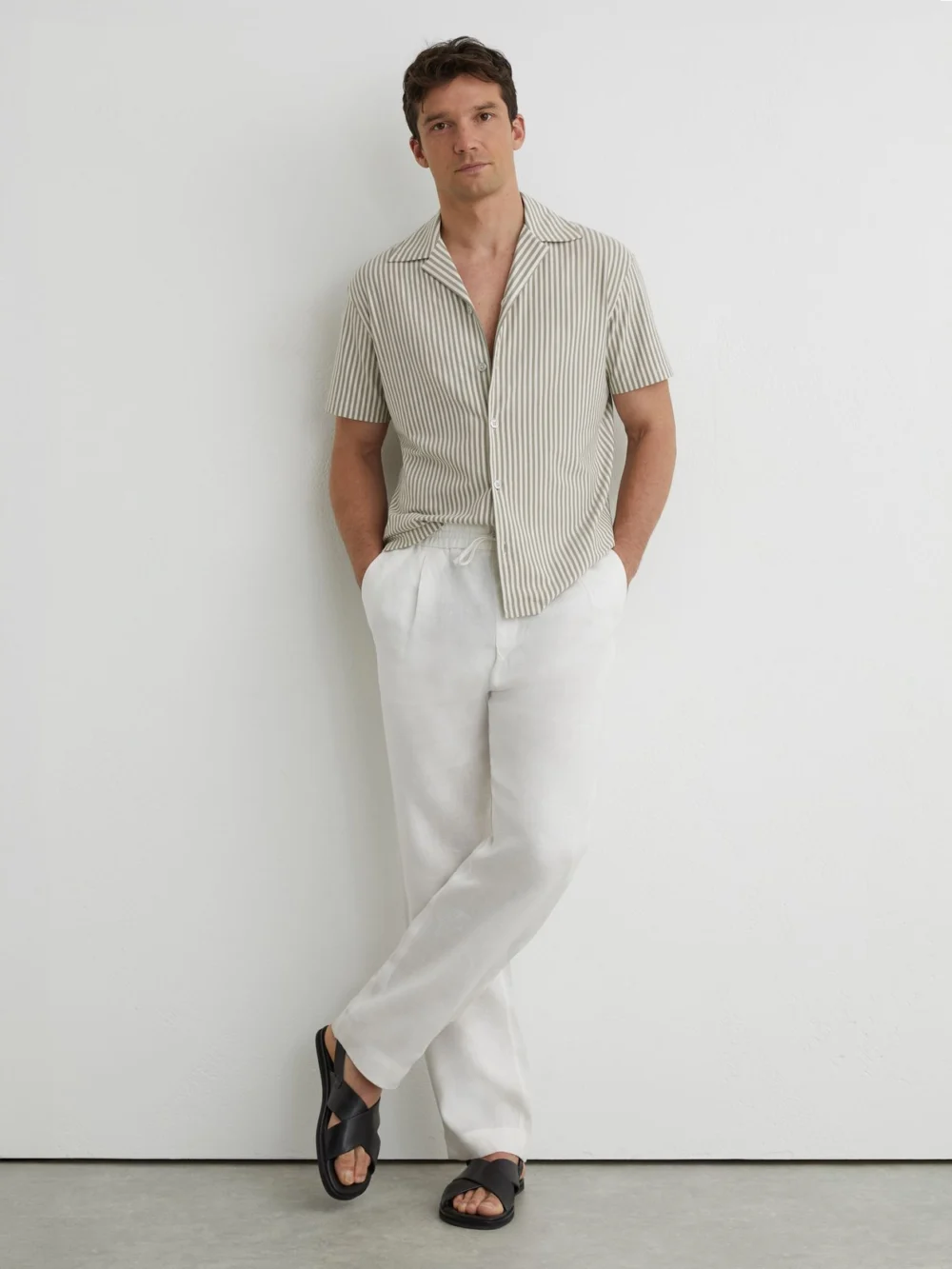 Reiss Soft Sage Green Cotton-blend Stripe Cuban-collar Shirt, view 4