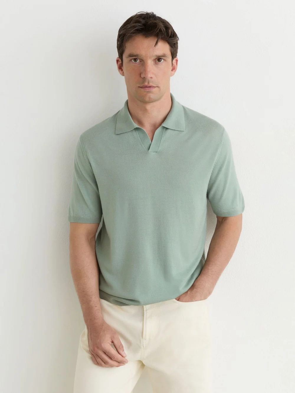 Reiss Soft Sage Green Pigment-dyed Merino Wool Open-collar Polo Shirt