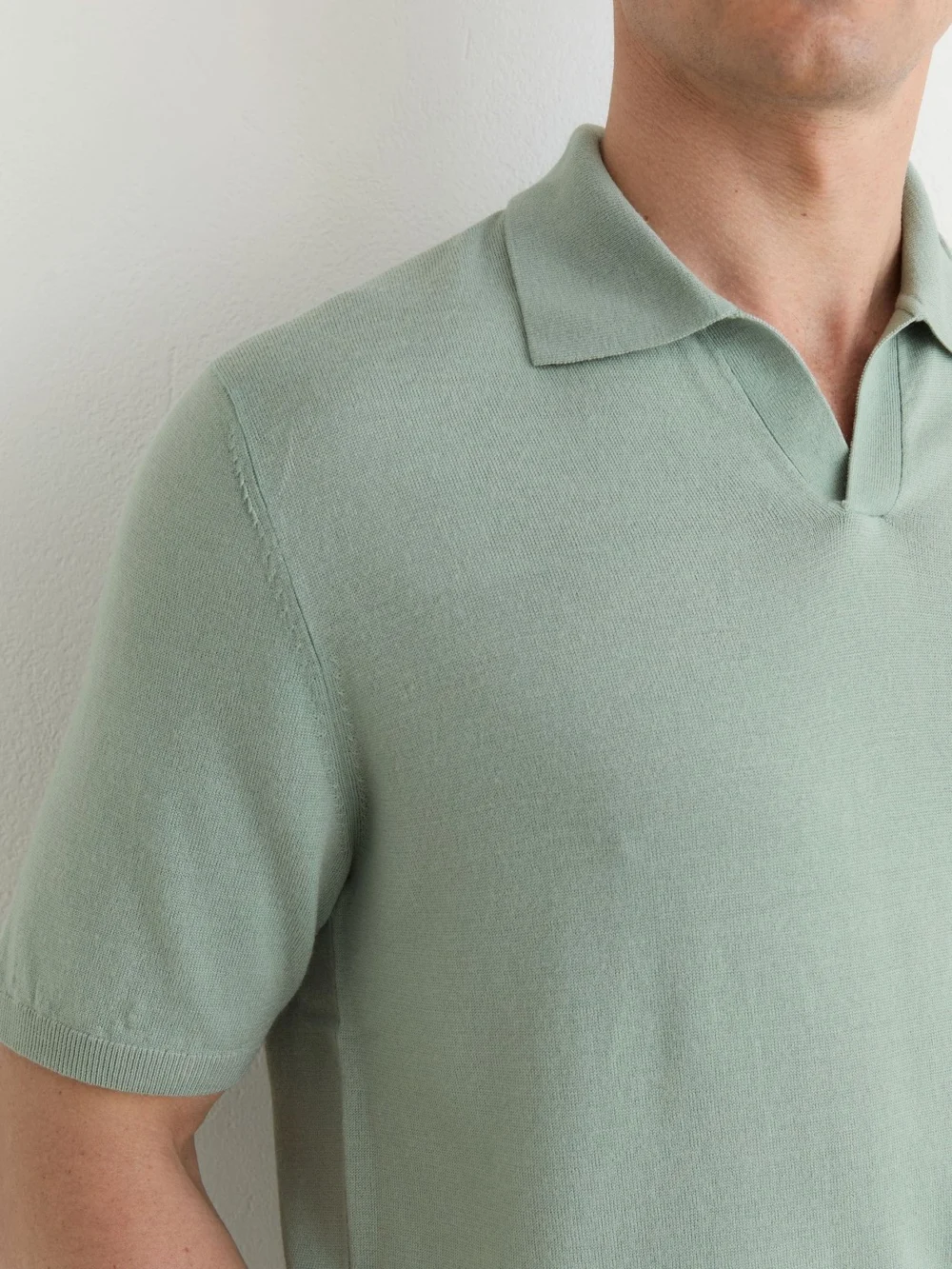 Reiss Soft Sage Green Pigment-dyed Merino Wool Open-collar Polo Shirt, view 3