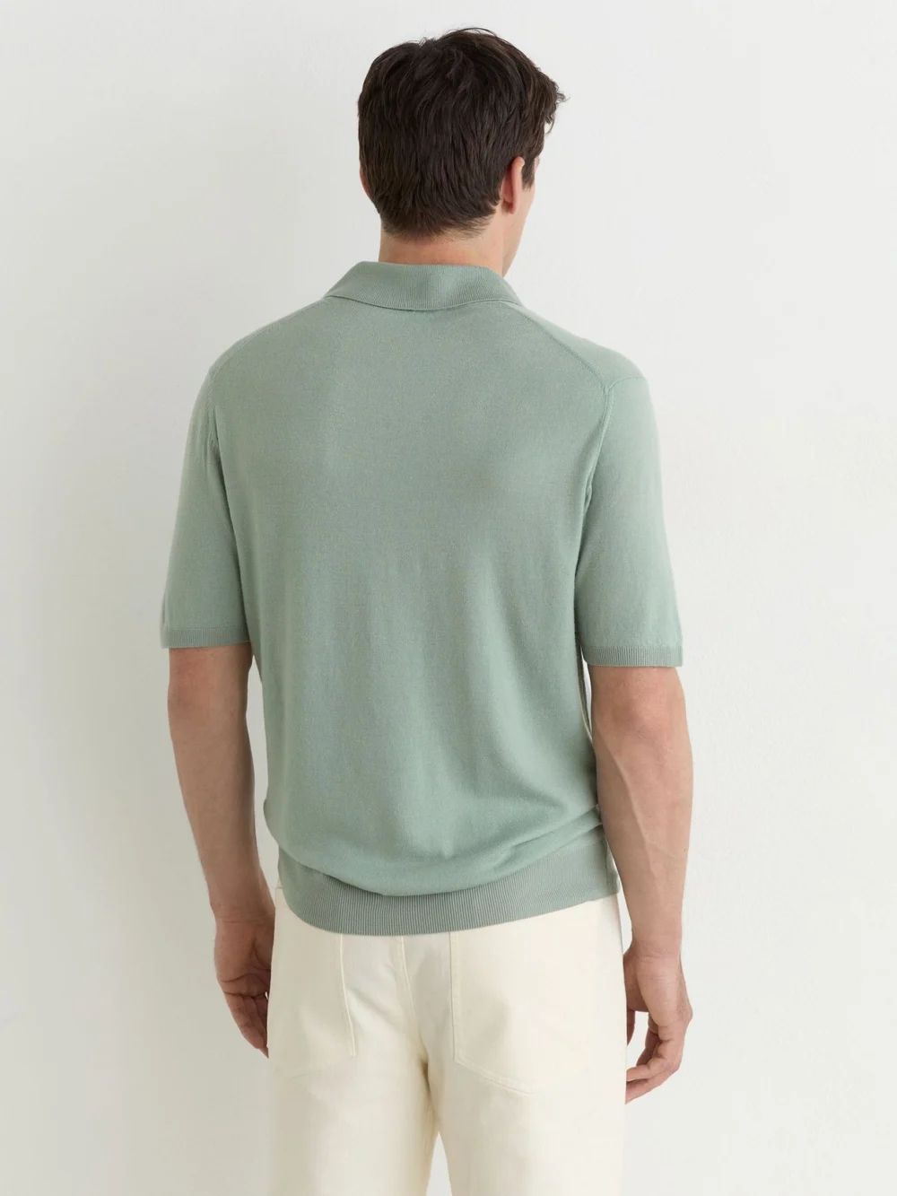 Reiss Soft Sage Green Pigment-dyed Merino Wool Open-collar Polo Shirt, view 4