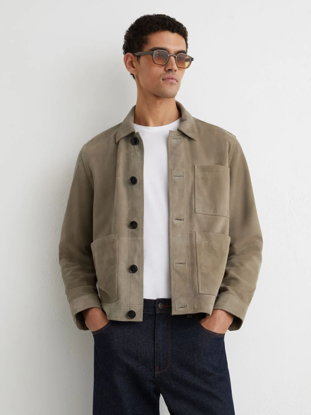Reiss Soft Sage Green Suede Patch-pocket Worker Jacket
