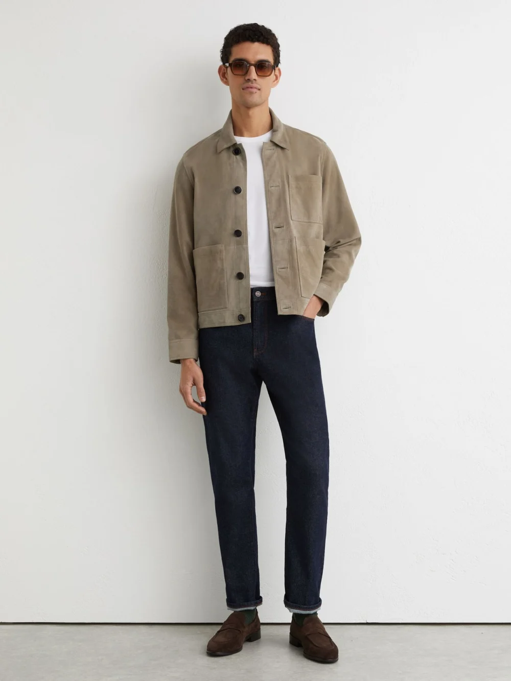 Reiss Soft Sage Green Suede Patch-pocket Worker Jacket, view 3