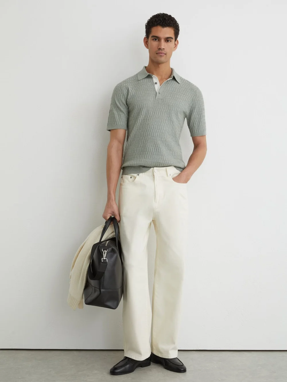 Reiss Soft Sage Textured-knit Half-button Polo Shirt