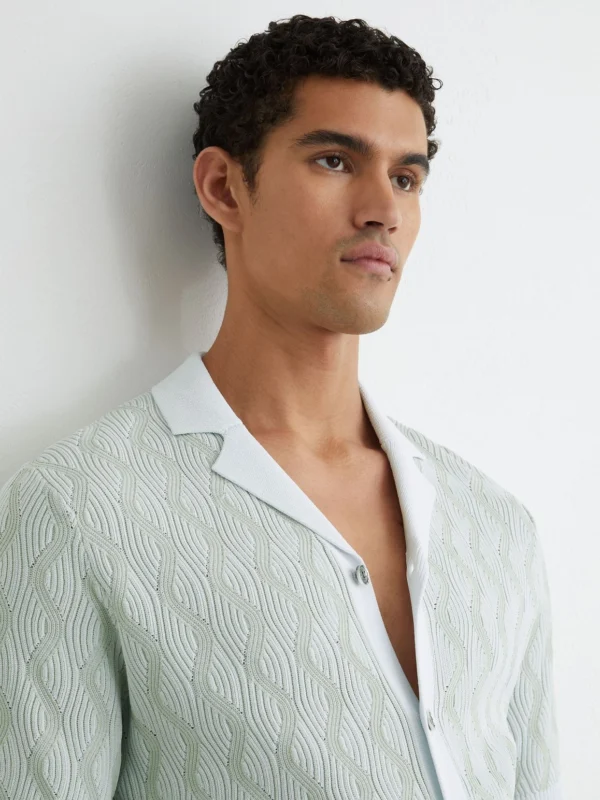 Reiss Soft Sage Wave-knit Cuban-collar Shirt