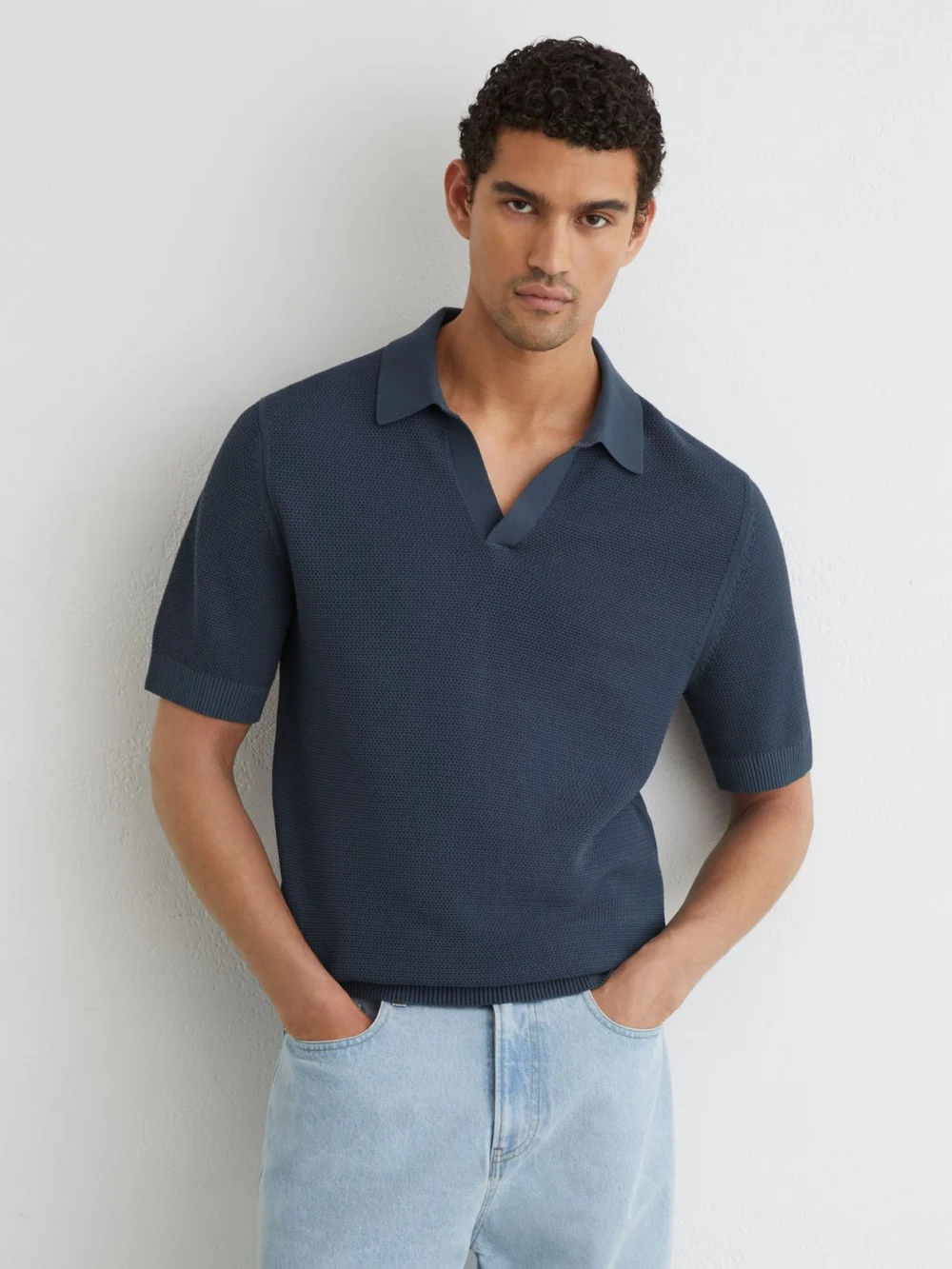 Reiss Steel Blue Cotton-blend Basket-stitch Open-collar Polo