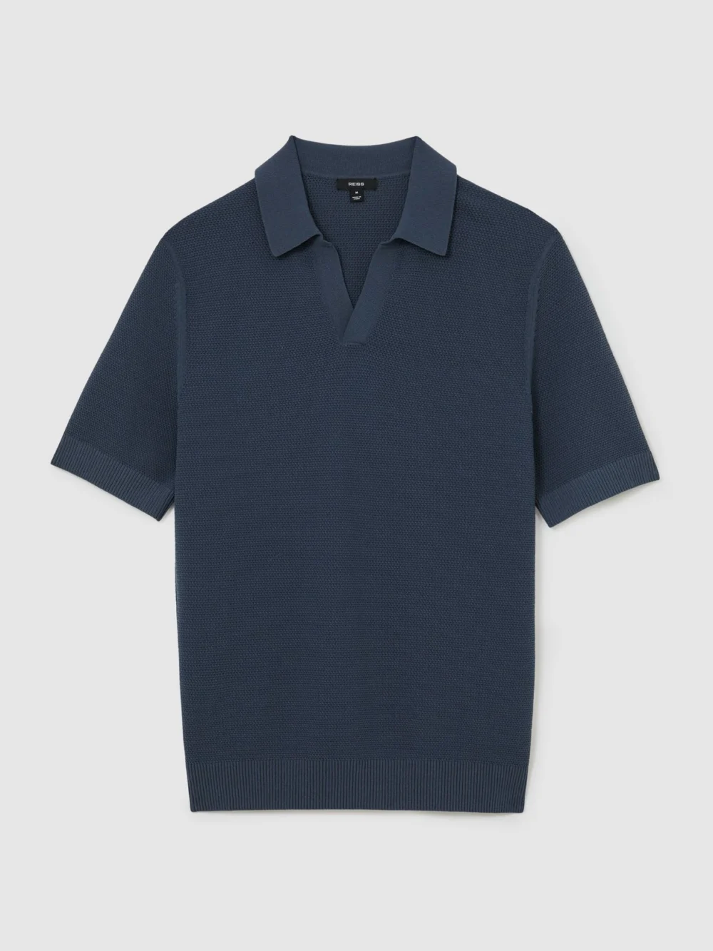 Reiss Steel Blue Cotton-blend Basket-stitch Open-collar Polo, view 2