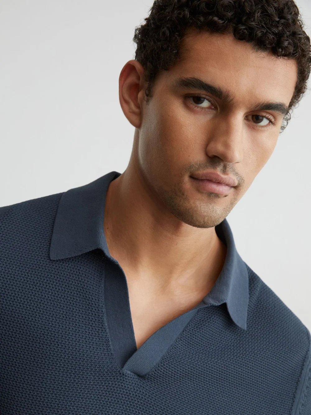 Reiss Steel Blue Cotton-blend Basket-stitch Open-collar Polo, view 3