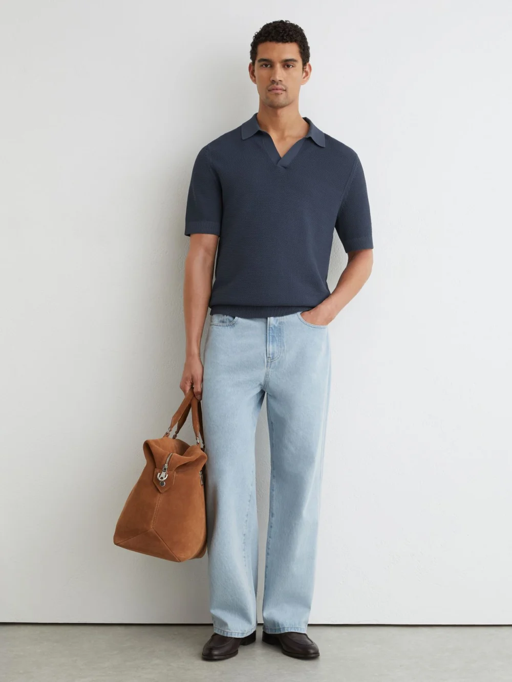 Reiss Steel Blue Cotton-blend Basket-stitch Open-collar Polo, view 4
