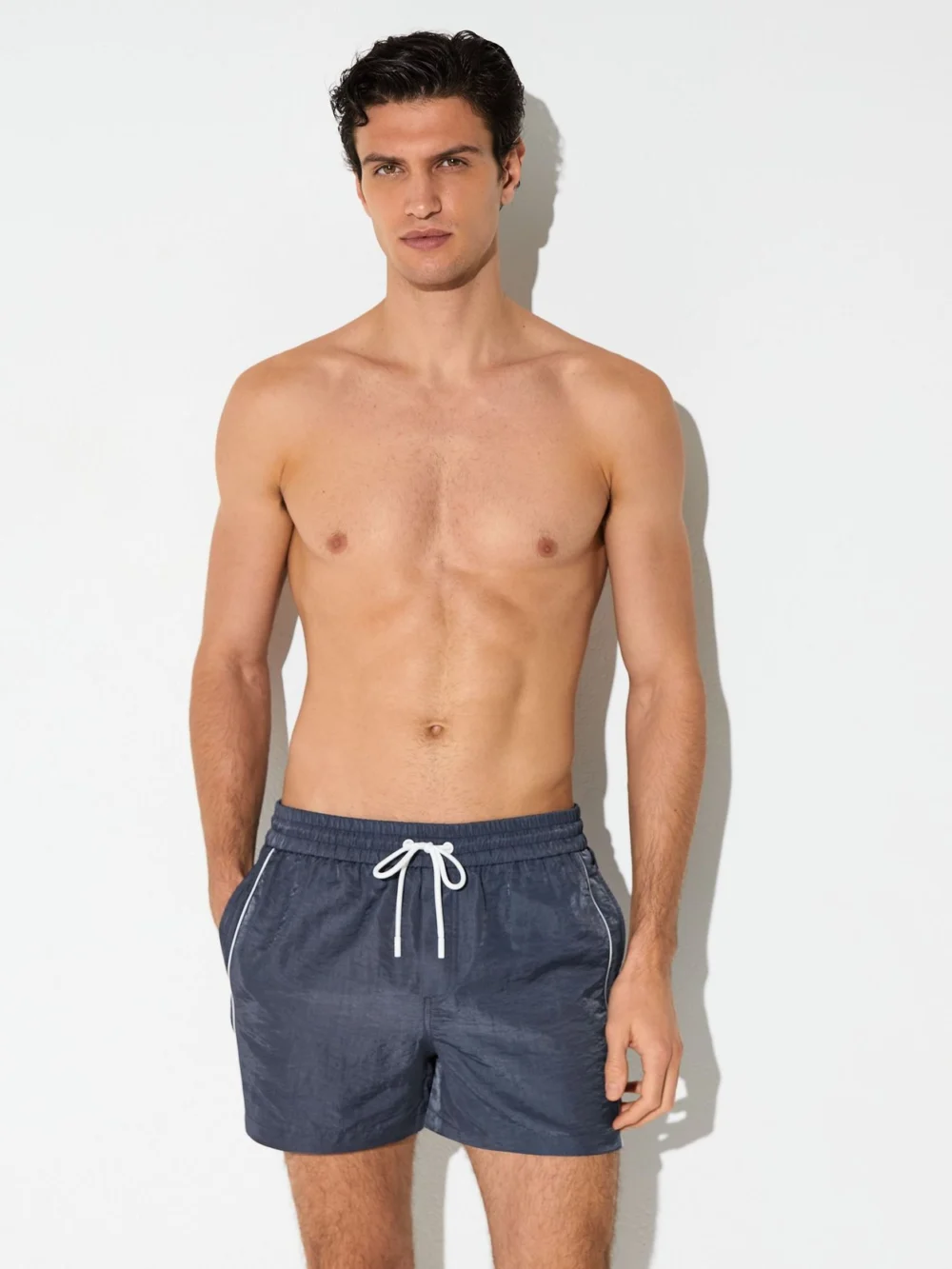 Reiss Steel Blue Piped Drawstring Swim Shorts, view 4