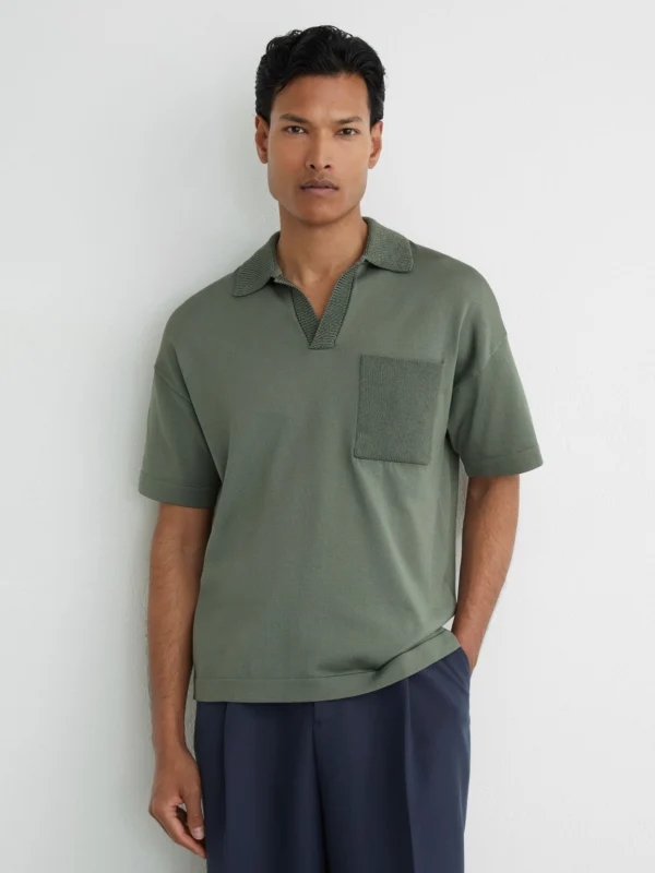 Reiss Steel Green Knitted Open-collar Polo Jumper