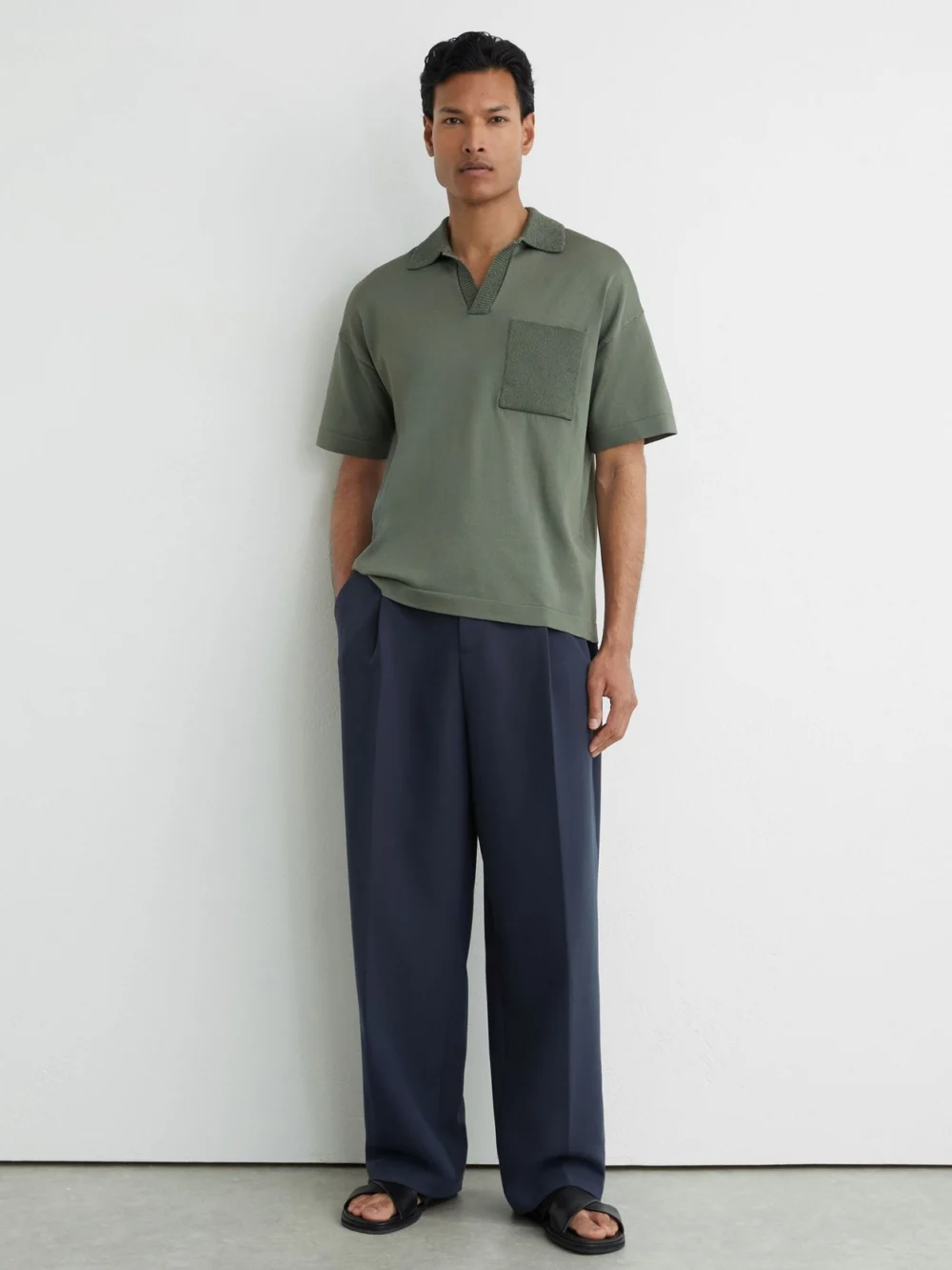 Reiss Steel Green Knitted Open-collar Polo Jumper, view 3