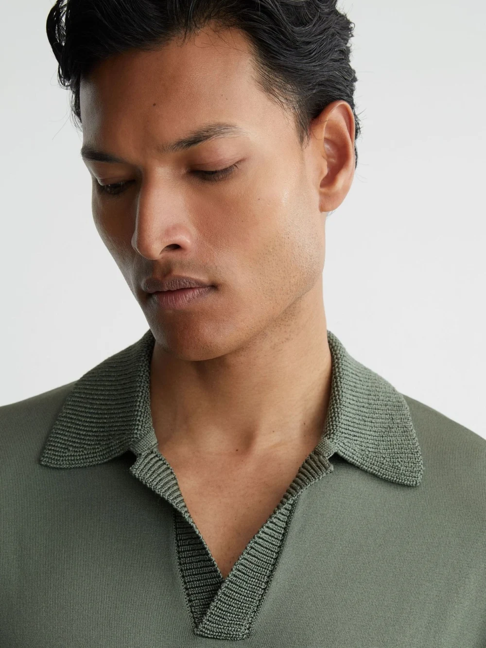 Reiss Steel Green Knitted Open-collar Polo Jumper, view 4