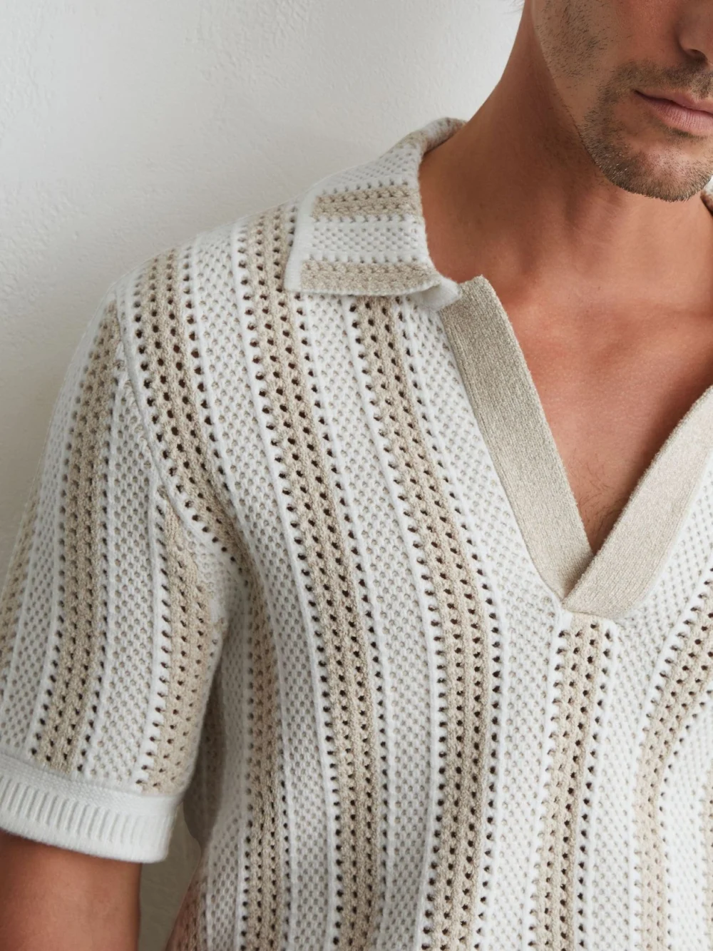 Reiss Stone & White Cotton-blend Crochet Stripe Polo Shirt in stone/white