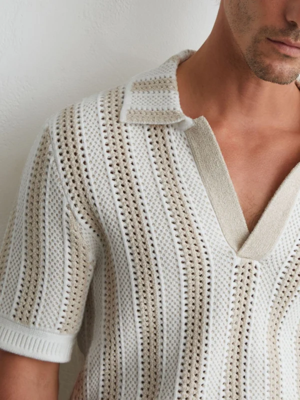 Reiss Stone & White Cotton-blend Crochet Stripe Polo Shirt