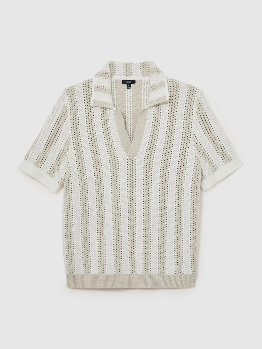 Reiss Stone & White Cotton-blend Crochet Stripe Polo Shirt, view 2