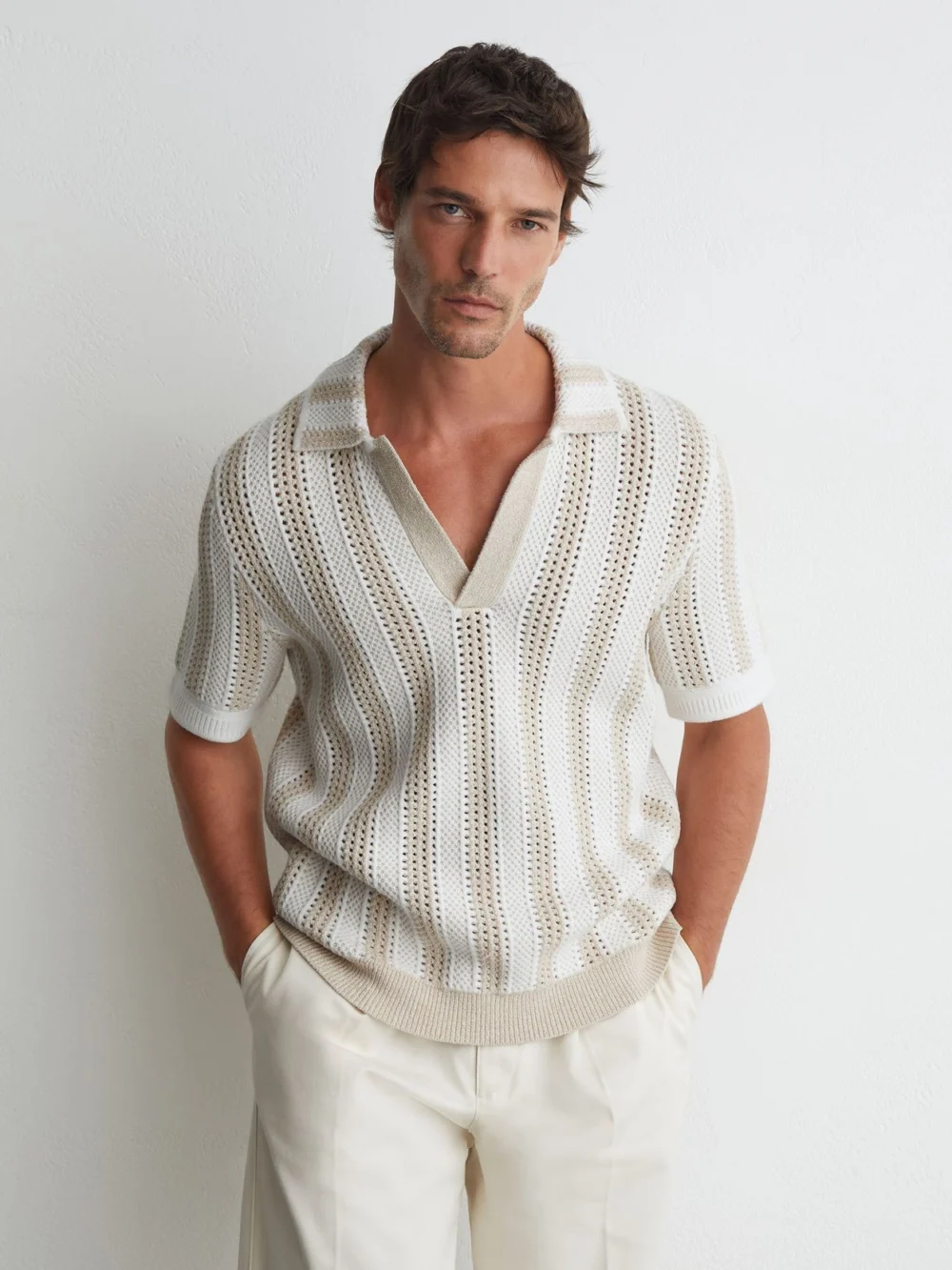 Reiss Stone & White Cotton-blend Crochet Stripe Polo Shirt, view 3