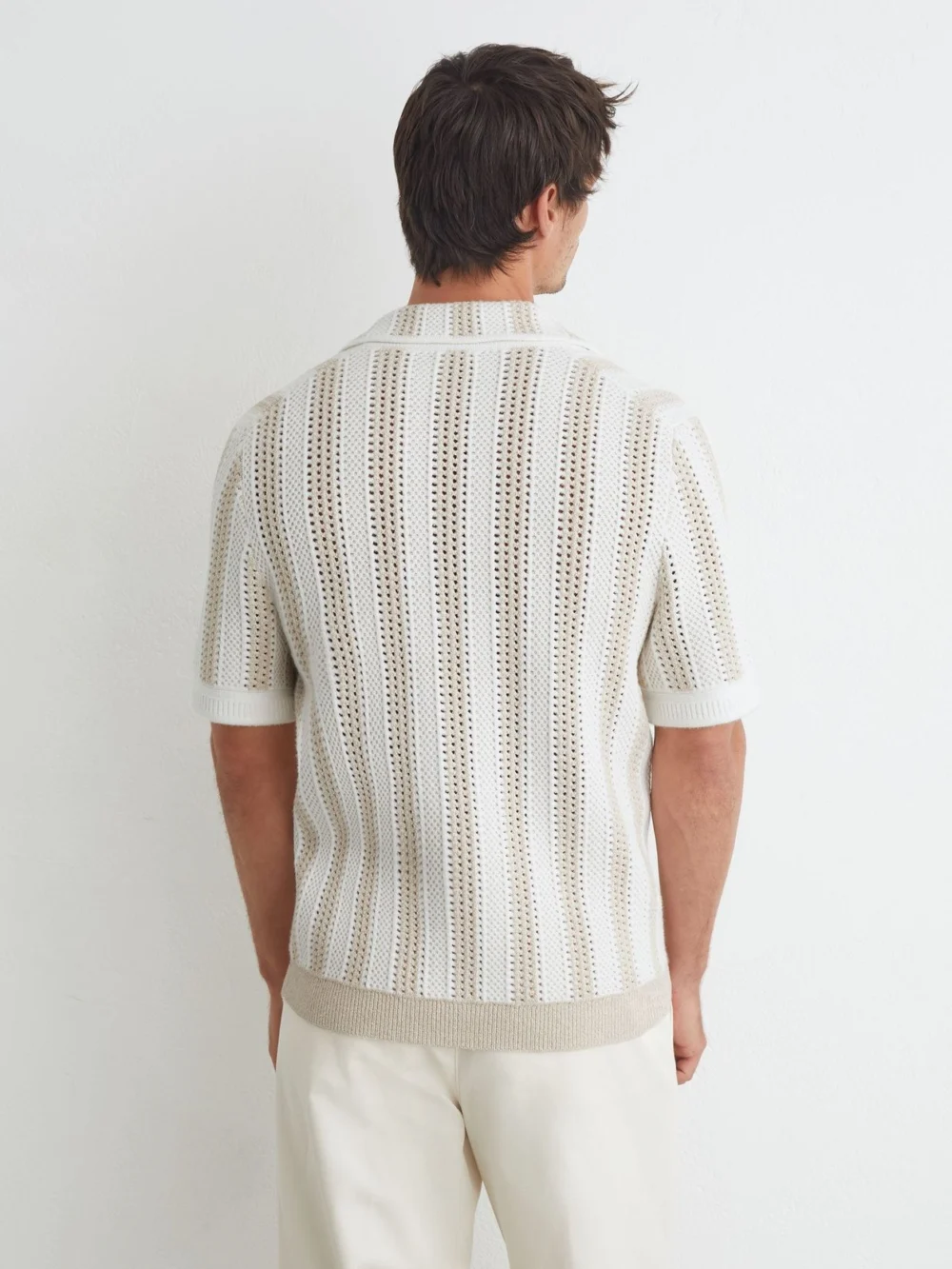 Reiss Stone & White Cotton-blend Crochet Stripe Polo Shirt, view 4