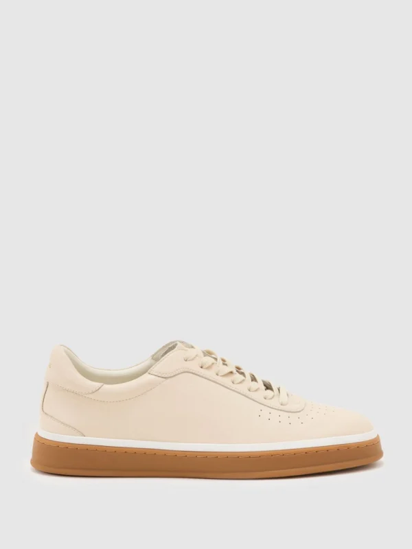 Reiss Stone Beige Leather Perforated-detail Trainers