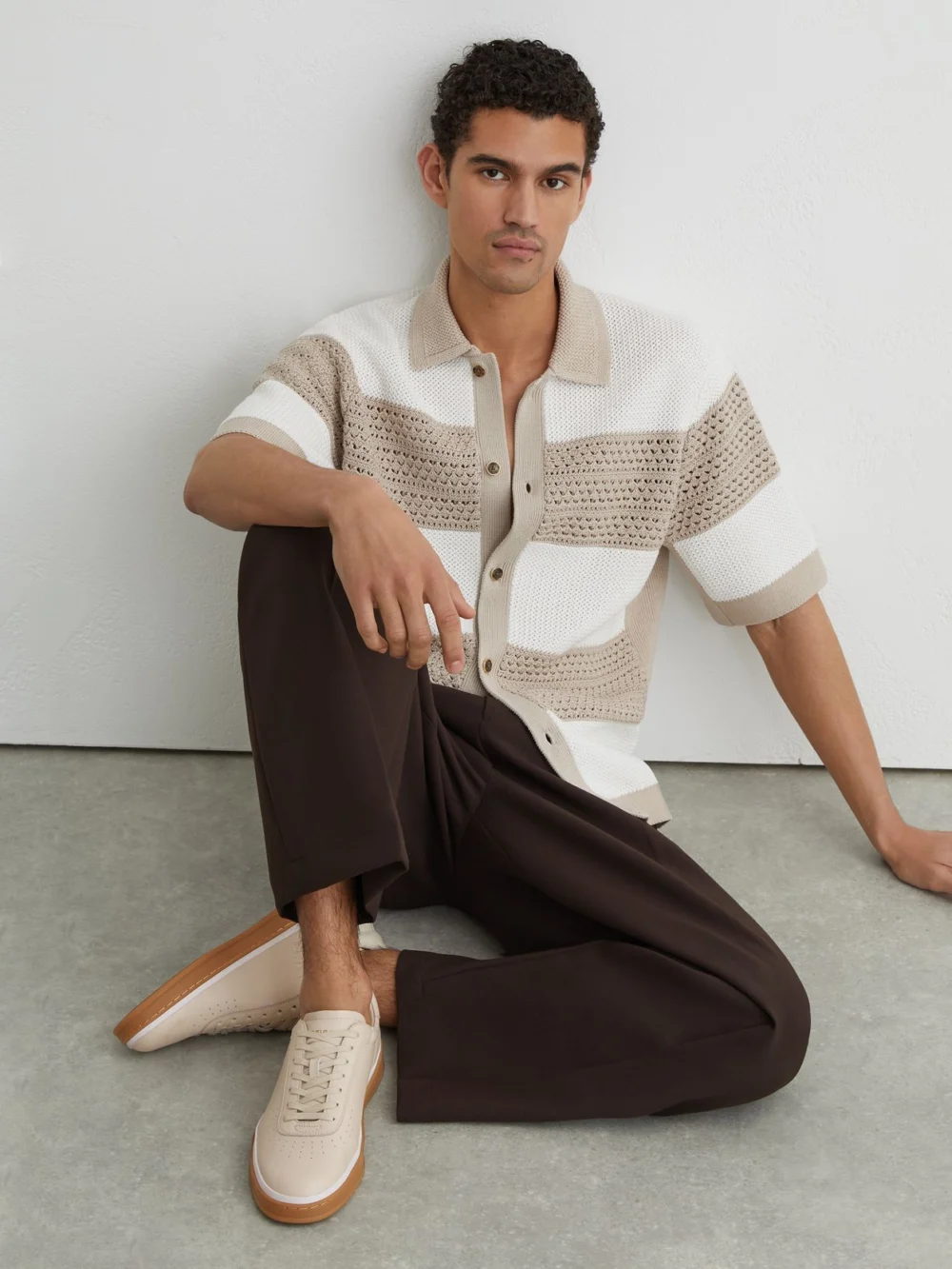 Reiss Stone Beige Leather Perforated-detail Trainers, view 2