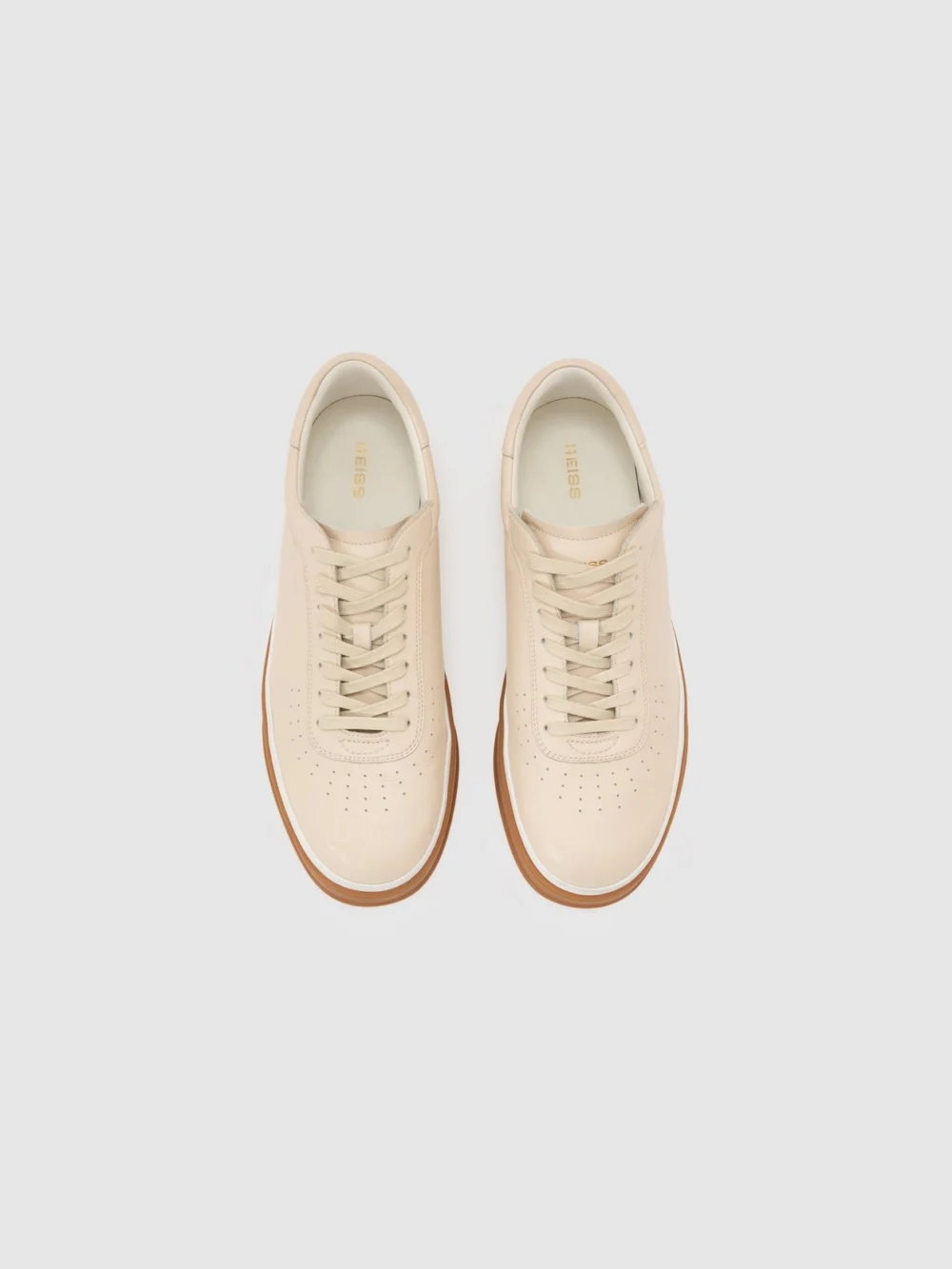 Reiss Stone Beige Leather Perforated-detail Trainers, view 3
