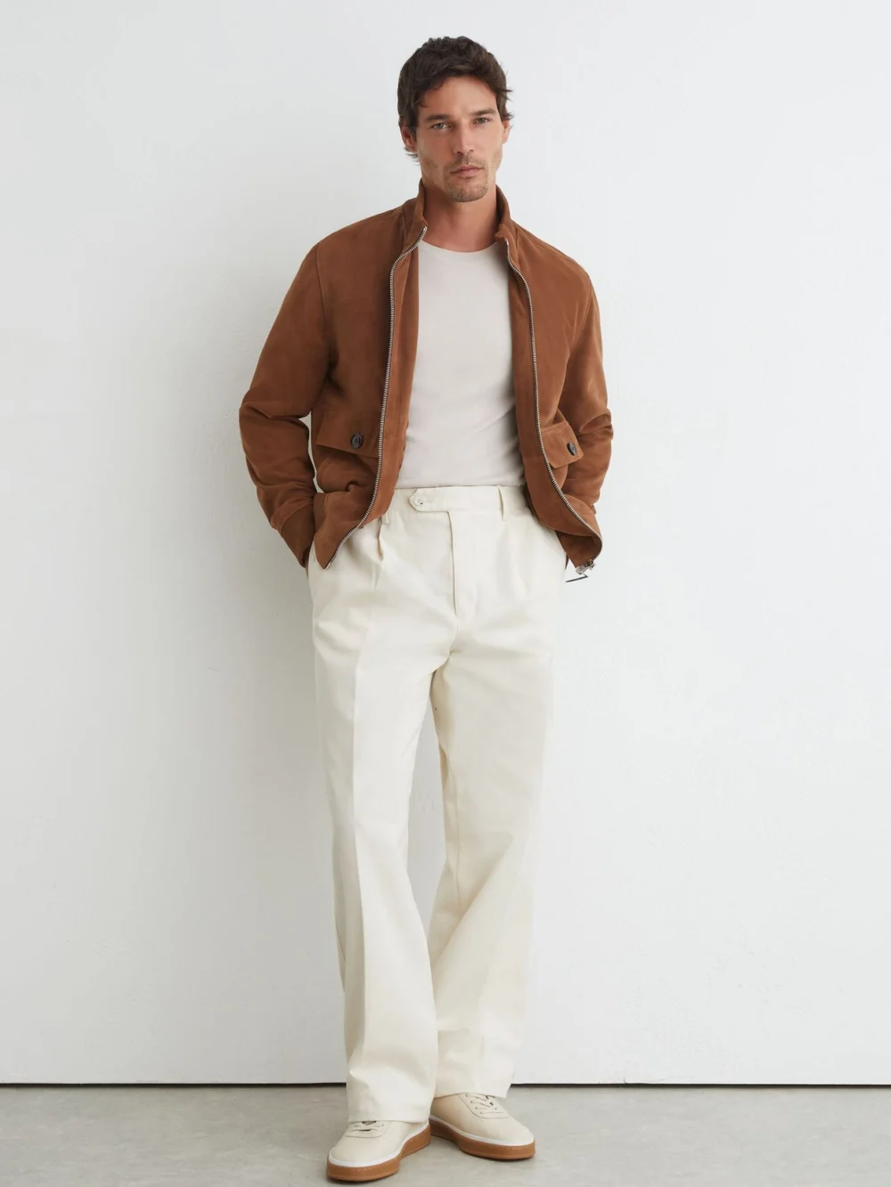 Reiss Stone Cotton Slub Pleated Relaxed-fit Trousers