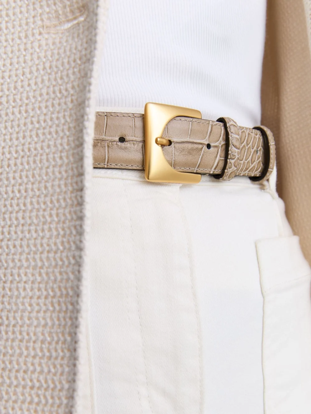 Reiss Stone Croc-effect Leather Square-buckle Belt, view 4
