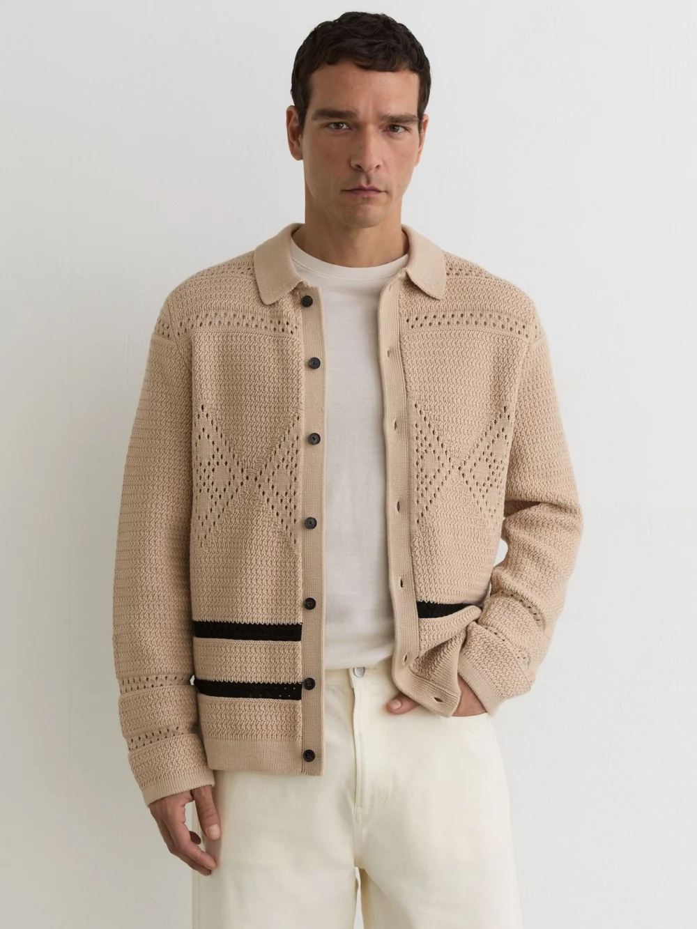 Reiss Stone Crochet-knit Button-through Jacket